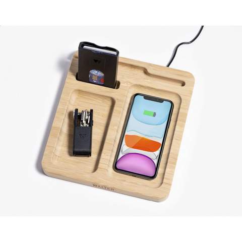 Desk organizer and wireless 15W phone charger in one, with cable with USB-C connector. This desk accessory is made of sustainable bamboo. The built-in magnetic wireless fast charger is compatible with all devices that support Qi wireless charging. Give this organizer a permanent place on your desk and collect your coins, paper clips, stationery, glasses, keys or your wallet. This way, your desk is tidy and all important things are clearly arranged. Includes user manual. Each item is supplied in an individual brown cardboard box.