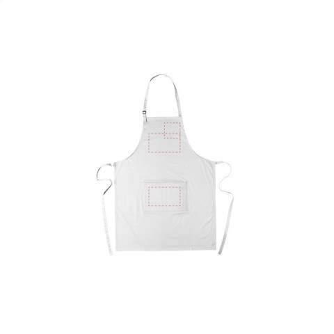Apron made of 100% cotton (180 g/m²). With a stitched pocket. The neckband can be adjusted with a plastic clasp. One size fits all