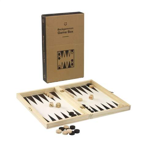 WoW! Backgammon-Spiel. Enhält Spielfiguren aus Holz und 2 Holzwürfeln. Die Schachtel, mit dem Bild des Spielbretts auf der Innenseite, ist aus 100% FSC-zertifiziertem Kiefernholz gefertigt. Inklusive Spielregeln.