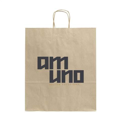 WoW! Stabile, breite Papier-Geschenktasche (Größe L) aus recyceltem Graspapier (90 g/m²). Durch die Verwendung natürlicher Materialien sind Unregelmäßigkeiten im Papier spürbar. Dadurch erhält das Produkt eine wunderschöne natürliche Ausstrahlung. Die Tasche hat zwei kurze Papier-Trageschlaufen, einen gefalteten Boden und eine Seitenfalte. Für die Herstellung dieser Tasche werden keine Bäume gefällt.