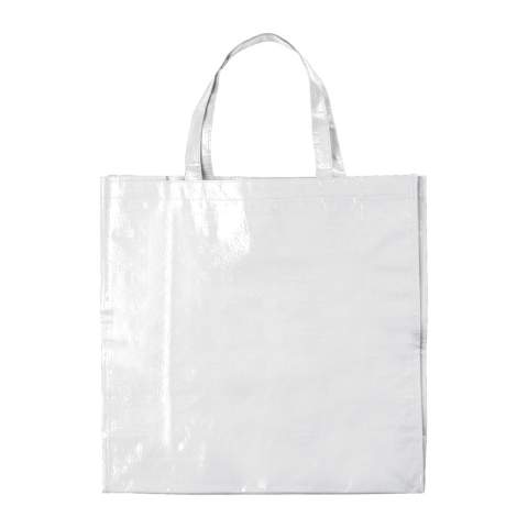 Large shiny shopping bag made of PP woven material. Large print area.