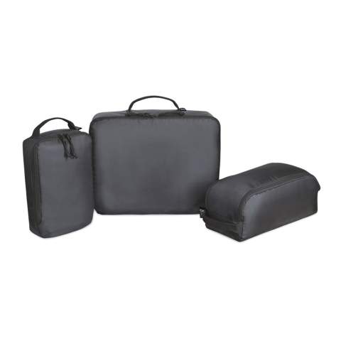 A modern and sustainable update to packing cubes using recycled fabric and webbing made from plastic bottles. Set of three packing cubes to keep you organised while travelling. Top grab handle on each packing cube for easy carrying convenience. Packing cubes nest together for easy storage when not in use. Large Cube: 15L 12H 3.5W. Medium Cube: 12.375L 5.5H 6W. Small Cube: 6.75L 11H 2.5W. Includes AWARE™ Virtual ID & Product passport, which delivers an indisputable way to track and validate textile composition impact from origin to consumer. To access, scan the QR code located inside the product or visit wearaware.co to learn more.  Available across both sides of the Atlantic. This item is also offered by Gemline for customers in the US and Canada.<br /><br />PVC free: true