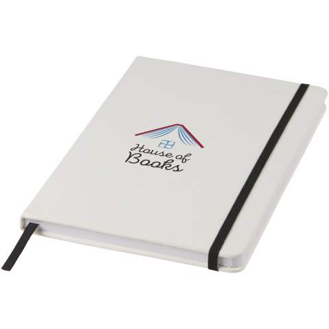 Weißes A5 Notizbuch mit farbigem Gummizug und Lesebändchen. Enthält 80 Blatt (60 g/m²) liniertes Papier.