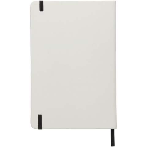 Witte A5 notitieboek met gekleurde elastische sluiting en lint. Inclusief 80 vellen (60 g / m2) gelinieerd papier. Digitaal printen mogelijk op omslag.