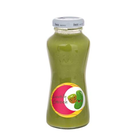 200 ml Smoothie Kiwi, Limette, Spinat und Gurke in Glasflasche mit weißem Verschluss.