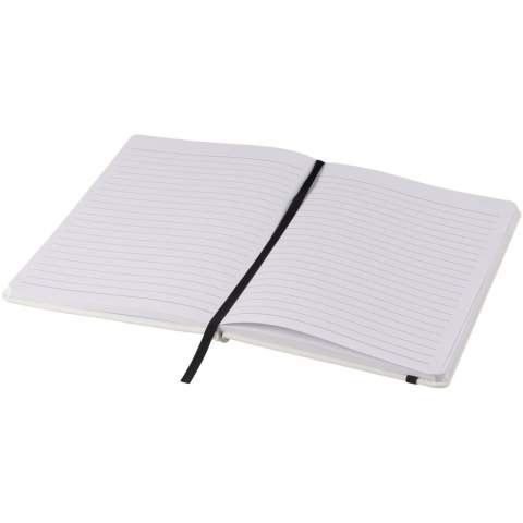 White A5 notebook with coloured elastic closure and ribbon. Includes 80 sheets (60g/m2) lined paper. Digital print possible on cover.