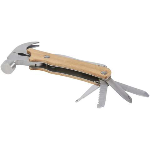 Starkes, langlebiges und kompaktes Multitool aus hochwertigem Edelstahl mit Buchenholzgriffen. Ein unverzichtbares Accessoire für Pfadfinder, Handwerker und andere Survival- oder Outdoor-Fans. Das verwendete Buchenholz stammt aus nachhaltigen, umweltfreundlichen und sozialverträglichen Quellen. Das Multitool ist aufgeklappt 24 x 13 x 2 cm groß, geschlossen 17,5 x 9 x 2 cm, und bietet 10 Funktionen: Klaue, Spitzzange, Standardzange, Drahtschneider, Hammer, Feile, Schlitzschraubendreher, Kreuzschlitzschraubendreher, Säge, Messer und Schloss. Wird mit einer Bedienungsanleitung geliefert und ist in einer Geschenkbox aus Recycling-Karton mit den Maßen 20,5 x 10 x 3,5 cm verpackt. Als nachhaltige Werbeanbringung empfehlen wir Lasergravur.