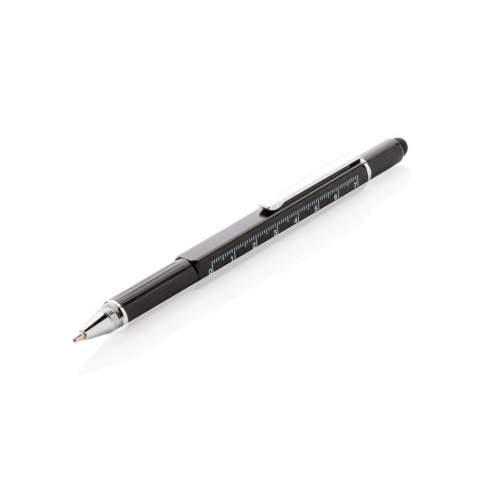 Multifunction pen with ruler (7cm) , spirit level, screw driver, stylus tip and ballpoint with blue writing ink (up to 400m) Made out of high quality brass material with aluminium clip.
