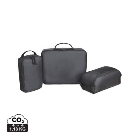 A modern and sustainable update to packing cubes using recycled fabric and webbing made from plastic bottles. Set of three packing cubes to keep you organised while travelling. Top grab handle on each packing cube for easy carrying convenience. Packing cubes nest together for easy storage when not in use. Large Cube: 15L 12H 3.5W. Medium Cube: 12.375L 5.5H 6W. Small Cube: 6.75L 11H 2.5W. Includes AWARE™ Virtual ID & Product passport, which delivers an indisputable way to track and validate textile composition impact from origin to consumer. To access, scan the QR code located inside the product or visit wearaware.co to learn more.  Available across both sides of the Atlantic. This item is also offered by Gemline for customers in the US and Canada.<br /><br />PVC free: true