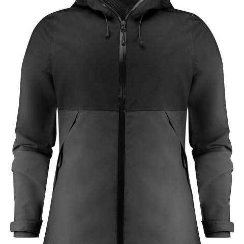Functionele, bicolor shelljas met getapete naden. Waterdichte ritssluiting vooraan en omgedraaide nylon ritssluitingen aan de zijzakken. Aanpasbare velcrosluiting aan de manchetten. Mesh binnenvoering met linkerbinnenzak en borduurrits. Reflecterende tag in middenrug. De Capuchon en de zoom zijn aanpasbaar met elastische trekkoorden.
