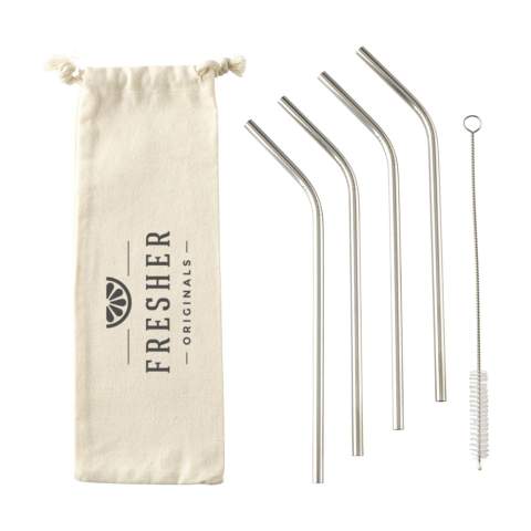 Vier wiederverwendbare Strohhalme aus Edelstahl. Eine gute Alternative zu Plastikstrohhalmen. Inklusive Nylon-Reinigungsbürste aus Edelstahl. Perfekt für kalte Getränke wie Smoothies oder Cocktails. Verleiht einem Getränk außerdem eine auffällige, trendige Note. Lieferung erfolgt im Set mit einem Canvas-Beutel.