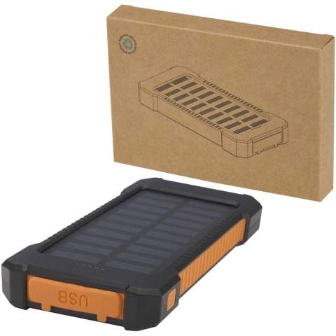 The Altair 5000 mAh solar power bank, made from recycled plastic, is built for durability and convenience. It offers two USB-A output ports and a Type-C input/output port for flexible charging options. Designed with a rugged exterior, it features a removable clip for easy attachment, a built-in torch, and connectors securely stored behind a silicone cap. With solar charging capability and an LED indicator to show charging status, this power bank is the ideal companion for outdoor adventures.