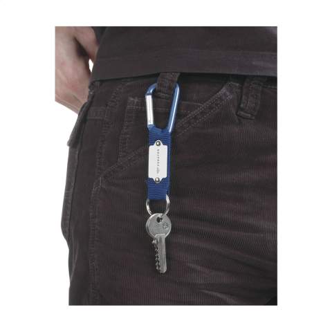 Carabiner hook with woven nylon strap and sturdy keyring.