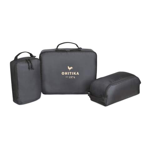 A modern and sustainable update to packing cubes using recycled fabric and webbing made from plastic bottles. Set of three packing cubes to keep you organised while travelling. Top grab handle on each packing cube for easy carrying convenience. Packing cubes nest together for easy storage when not in use. Large Cube: 15L 12H 3.5W. Medium Cube: 12.375L 5.5H 6W. Small Cube: 6.75L 11H 2.5W. Includes AWARE™ Virtual ID & Product passport, which delivers an indisputable way to track and validate textile composition impact from origin to consumer. To access, scan the QR code located inside the product or visit wearaware.co to learn more.  Available across both sides of the Atlantic. This item is also offered by Gemline for customers in the US and Canada.<br /><br />PVC free: true