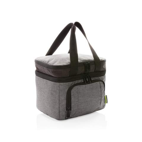 The stylish RPET cooler bag features a large base that accommodates packing meals & containers flat and can fit up to 8 cans. Put your sandwiches in the top zipper compartment and you are ready to go! The cooler bag features a leak-resistant, easy to clean liner. Made of sustainable RPET. Registered design® Exterior: 100% 300D RPET / Lining 100% PEVA<br /><br />PVC free: true