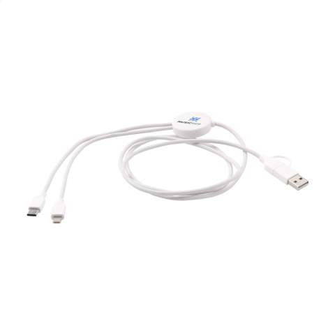 Charging cable made from recycled ABS and recycled TPE. Input: Type-C and USB-A connector. Output: Type-C and lightning. RCS-certified. Total recycled material: 45%. Cable length: 120 cm. Each item is supplied in an individual brown cardboard envelope.