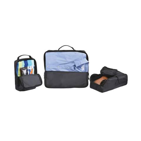 A modern and sustainable update to packing cubes using recycled fabric and webbing made from plastic bottles. Set of three packing cubes to keep you organised while travelling. Top grab handle on each packing cube for easy carrying convenience. Packing cubes nest together for easy storage when not in use. Large Cube: 15L 12H 3.5W. Medium Cube: 12.375L 5.5H 6W. Small Cube: 6.75L 11H 2.5W. Includes AWARE™ Virtual ID & Product passport, which delivers an indisputable way to track and validate textile composition impact from origin to consumer. To access, scan the QR code located inside the product or visit wearaware.co to learn more.  Available across both sides of the Atlantic. This item is also offered by Gemline for customers in the US and Canada.<br /><br />PVC free: true