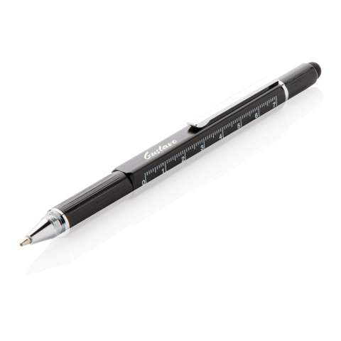 Multifunction pen with ruler (7cm) , spirit level, screw driver, stylus tip and ballpoint with blue writing ink (up to 400m) Made out of high quality brass material with aluminium clip.