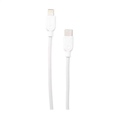 Charging cable made from recycled ABS and recycled TPE. Input: Type-C and USB-A connector. Output: Type-C and lightning. RCS-certified. Total recycled material: 45%. Cable length: 120 cm. Each item is supplied in an individual brown cardboard envelope.