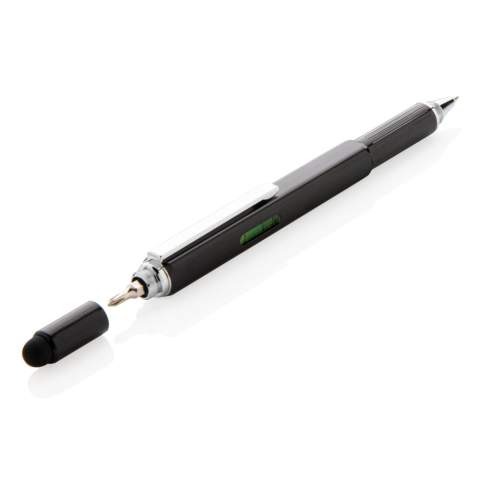 Multifunction pen with ruler (7cm) , spirit level, screw driver, stylus tip and ballpoint with blue writing ink (up to 400m) Made out of high quality brass material with aluminium clip.
