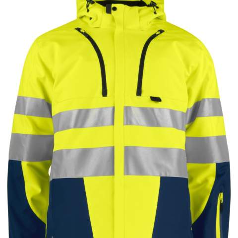 • doorstikte, gewatteerde voering<br />• wind- en waterafstotend en ademende softshell<br />• met fleece gevoerde kraag<br />• afneembare capuchon<br />• ritssluiting aan de voorzijde die bedekt is met een flap• Deze stormflap kan afgesloten worden met drukknopen <br />• twee schuinlopende, verticale borstzakken, de linker met telefoonzakje binnenin <br />• twee zijzakken<br />• één mouwzakje op linkermouw<br />• lus voor badgehouder<br />• ventilatiegaten onder de armen met ritssluiting<br />• aanpasbare taille<br />• aanpasbare manchetten<br />• langer rugpand<br />• reflecterende biezen op mouwen en rug