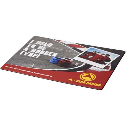 Mouse mat designed to work with standard balled and optical mice. Made from 99.5% recycled materials, including 40% recycled tyre material, plus recycled plastics and paper.