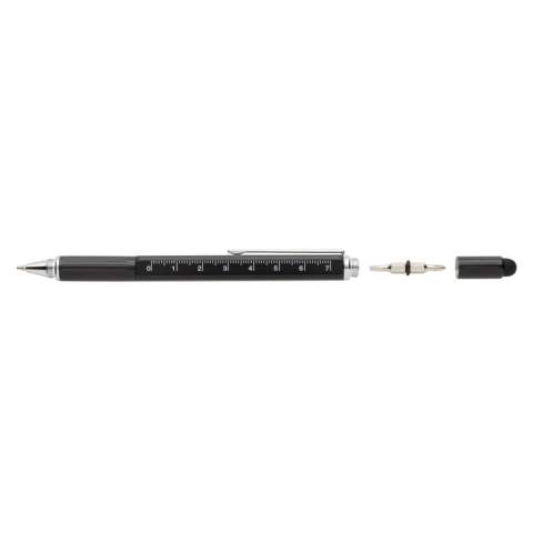 Multifunction pen with ruler (7cm) , spirit level, screw driver, stylus tip and ballpoint with blue writing ink (up to 400m) Made out of high quality brass material with aluminium clip.