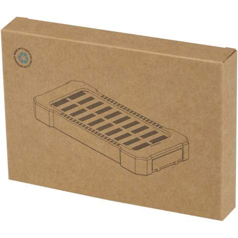 The Altair 5000 mAh solar power bank, made from recycled plastic, is built for durability and convenience. It offers two USB-A output ports and a Type-C input/output port for flexible charging options. Designed with a rugged exterior, it features a removable clip for easy attachment, a built-in torch, and connectors securely stored behind a silicone cap. With solar charging capability and an LED indicator to show charging status, this power bank is the ideal companion for outdoor adventures.