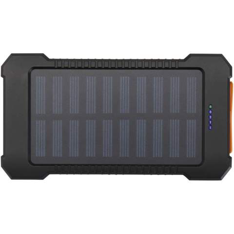 The Altair 5000 mAh solar power bank, made from recycled plastic, is built for durability and convenience. It offers two USB-A output ports and a Type-C input/output port for flexible charging options. Designed with a rugged exterior, it features a removable clip for easy attachment, a built-in torch, and connectors securely stored behind a silicone cap. With solar charging capability and an LED indicator to show charging status, this power bank is the ideal companion for outdoor adventures.
