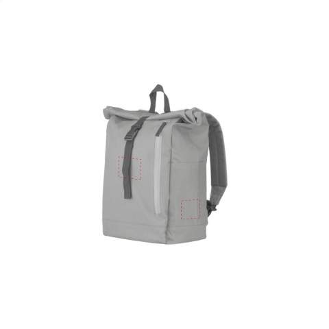 Tough, practical urban backpack made from strong 600D polyester with water-resistant PVC interior, partially nylon lined. The backpack has one large inner compartment, a pocket on both sides and a large zip pocket on the front. With foam back for increased comfort, padded, adjustable shoulder straps and hand loop. With rollable fastening and handy click system. The perfect bag for daily use. Capacity approx. 18 liters.