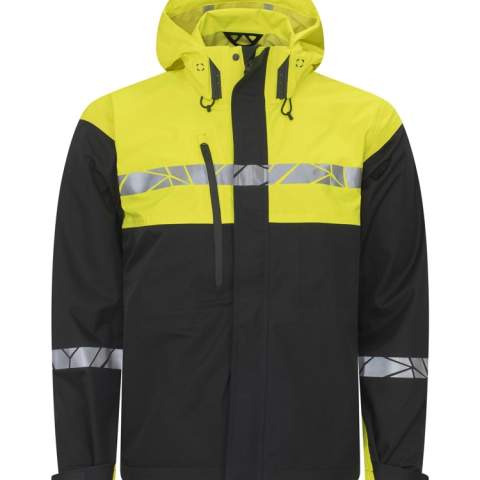 • Shelljas van wind- en waterdicht materiaal, getapete naden <br />• Rits aan de voorkant bedekt met een flap om tocht en waterlekkage te voorkomen, drukknoopsluiting <br />• Afneembare capuchon, verstelbaar op twee manieren met trekkoord aan de voorkant en met vire-systeem aan de achterkant <br />• Zijzakken aan beide zijden, ruime borstzak aan de rechterkant en één binnenzak aan de linkerkant, alle zakken met ritssluiting <br />• Verstelbare mouwuiteinden met klittenband, verstelbare zoom met trekkoord <br />• Waschipzakje in de linker binnennaad<br /><br />Verhoogde zichtbaarheid volgens EN 17353<br />Geleverd in een biobased, composteerbare polybag