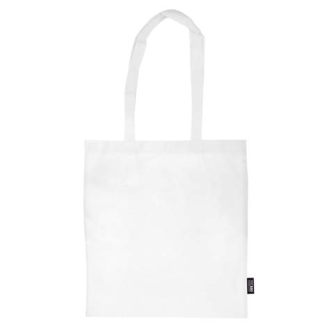 Weiße Non-Woven Schultertasche mit langen Henkeln aus Leichtfaser. Verschiedene Abmessungen bei Bestellungen ab 10.000 Stück lieferbar.