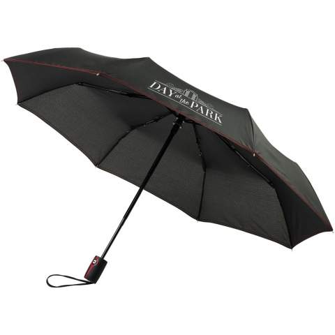 Automatic open and close foldable umbrella with a pongee polyester canopy. Sturdy metal shaft, a high quality frame with fibreglass ribs that offers maximum flexibility in windy conditions. Supplied with a pouch and can easily fit in a handbag or backpack for convenient carrying. Coloured details are available on the soft touch handle and detailed sewing on the canopy and pouch. Large decoration area on each of the panels, as well as the handle.