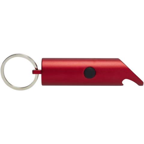 Bright LED keylight with bottle opener, power on/off button and a split iron keyring. It is made of lightweight and strong 63% RCS certified recycled aluminium. The Recycled Claim Standard (RCS) verifies the recycled content of a product throughout the entire supply chain. Available in a variety of striking colours with a metallic finish, making a printed logo stand out nicely. Comes with three LR44 batteries.