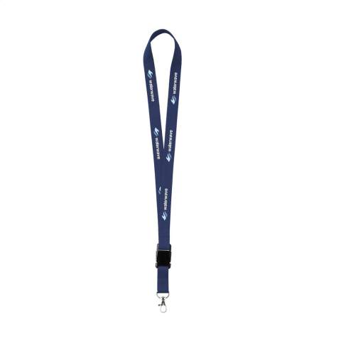 Lanyard van sterk geweven polyester met metalen karabijnhaak. Het onderste gedeelte is los te koppelen d.m.v. een kunststof kliksysteem.