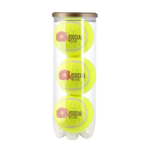 3 printed, unpressurised tennis balls packaged in a transparent tube. European manufacture
