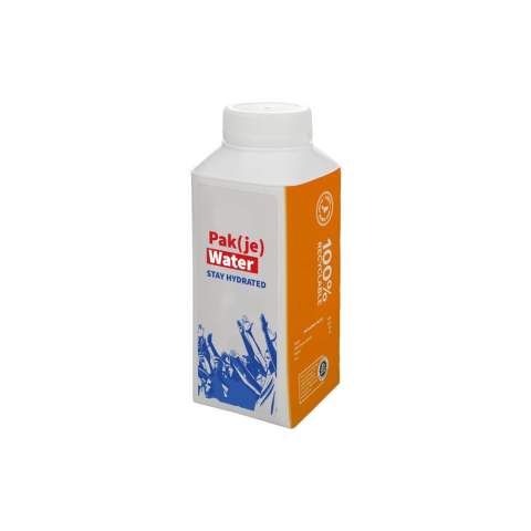 330 ml natuurlijk bronwater in een FSC gecertificeerde kartonnen fles met 100% plantaardige dop. Deze verpakking bestaat totaal voor 89% uit plantaardig materiaal. Kleur oranje