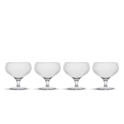 Le verre coupé Billi a un design caractéristique unique qui représente Sagaform de manière évidente. Avec son bol arrondi orné de rayures et son pied bas, ce verre coupe est à la fois beau et fonctionnel. Grâce à sa forme pratique, empilable et bien pensée, ce verre est parfait pour de nombreuses occasions. Fabriqué en PET recyclé (rPET). Chaque paquet contient quatre verres coupés de Sagaform, le cadeau idéal pour quelqu'un qui a déjà tout. Conçu en Suède par Studio Sagaform. La gamme Billi est adaptée à des températures allant jusqu'à 50°C. Lavage à la main uniquement. Taille ø10x9,5 cm 30 cl.