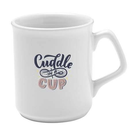 High quality ceramic mug. In all white or with a coloured exterior. Capacity 280 ml. Dishwasher safe. The imprint is dishwasher tested and certified: EN 12875-2.