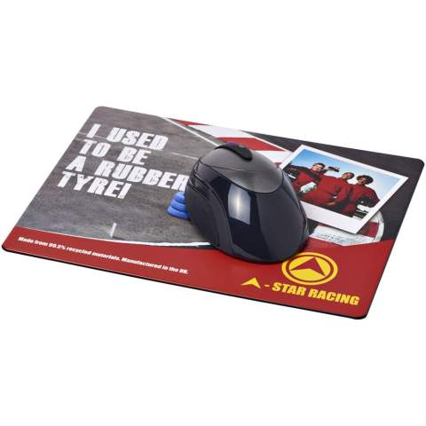 Mouse mat designed to work with standard balled and optical mice. Made from 99.5% recycled materials, including 40% recycled tyre material, plus recycled plastics and paper.
