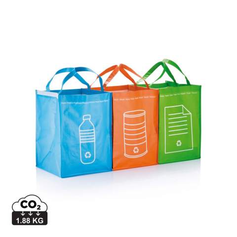 Set bestehend aus 3 PP Taschen zum Trennen von Metall-, Plastik- und Papierabfall, Taschen in grün, blau und orange im Set, wiederverwendbar, unterschiedlich bedruckt.