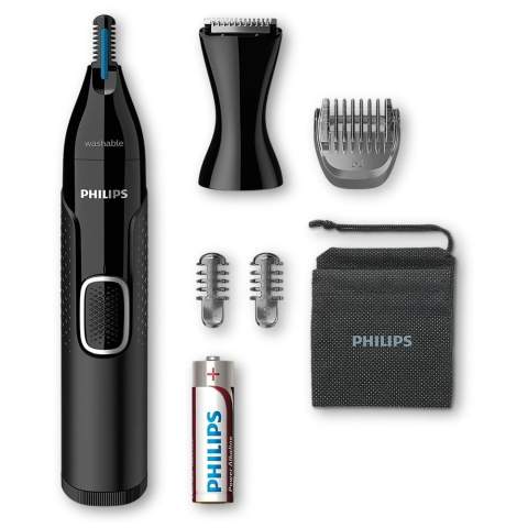 Gently trim your nose, ear and eyebrow hairs or hair details with this Philips trimmer. The trimmer has a skin protection technology that ensures you can trim without the risk of nicks or cuts. In addition, the trimmer is equipped with a double-sided cutting element, so you can effortlessly reach and trim hairs, regardless of the angle or direction. Soft pouch included and AA battery included .Included accessories Precision trimmer Comb, Eyebrow comb, 3mm precision comb, 5mm precision comb