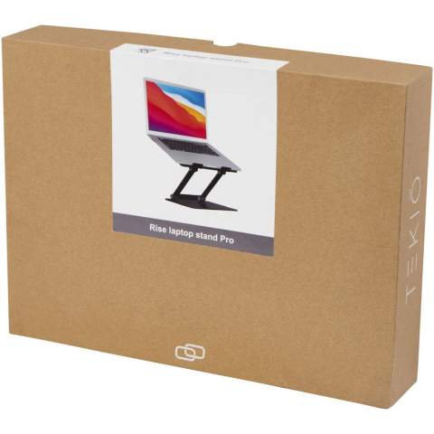 Grâce au support pour ordinateur portable Rise Pro en aluminium de qualité supérieure, vous pouvez incliner l'ordinateur portable à différents angles et également le lever/l'abaisser pour répondre à tous les besoins. La conception ergonomique garantit une posture corporelle confortable et permet de minimiser la fatigue du cou ou les problèmes de colonne vertébrale. La haute qualité de construction le rend stable et robuste, il peut supporter jusqu'à 5 kg de poids. Les coussinets en silicone du support pour ordinateur portable sont durables et antidérapants, protégeant l'ordinateur portable des rayures et de tout glissement. Les coussinets en silicone situés au bas du support garantissent la stabilité de celui-ci, même lorsque vous tapez au clavier. Le support est doté de grands orifices d'aération pour réduire la température de l'ordinateur portable  lorsqu'il est utilisé. Il peut être plié à plat pour un rangement facile. Livré dans une boîte en papier Kraft Tekiō de qualité supérieure avec une étiquette autocollante de couleur.