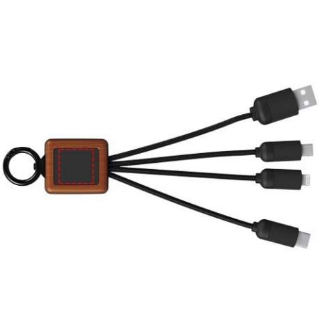 3-in-1 Kabel aus Holz mit leuchtendem Logo und 3 Anschlüssen (Typ-C/Micro-USB/iPhone), sowie Schnüren aus recyceltem PET-Kunststoff. Das Kabel kann bis zu 3 Geräte gleichzeitig aufladen. Patent EUROPE EUIPO.