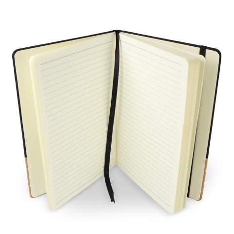 This notebook has a cover made of recycled PET and cork with 80 lined 70 grams FSC-certified paper sheets. It includes an elastic band closure and a ribbon bookmark for added convenience. Made with R-PET