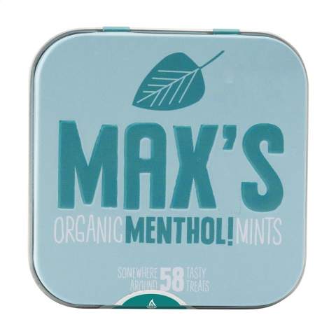 Recyclable, aluminium tin large enough to store approximately 58 tasty, organic menthol mints from the Max's Mints brand. These mints are made using organic sugar and natural seasonings but without gelatine. Organic, 100% natural and vegan product. This refillable tin has a striking design. A fresh and green giveaway in one. Made in Holland.