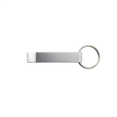 Schlüsselanhänger mit Öffner aus Aluminium.