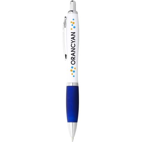Stylo à bille corps blanc/grip couleur avec bouton poussoir.