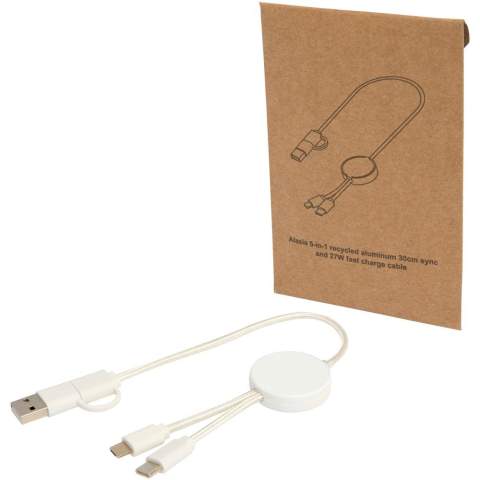 Le câble 5-en-1 de synchronisation des données et de charge rapide 27 W Citala est fabriqué à partir de plastique recyclé. Ce câble est doté de connecteurs d’entrée USB-A et Type-C combinés à un connecteur de sortie Type-C et combi Lightning/Micro USB. L’USB-A vers l’USB-C fournit une puissance de sortie maximale de 27 W. Toutes les autres options de connexion offrent une puissance maximale de 15 W. Compatible avec CarPlay et Android Auto. Que vous soyez à la maison, au bureau ou en déplacement, le câble Citala offre performance et style dans un ensemble compact. Longueur du câble : 30 cm.