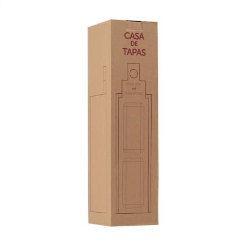 Rackpack Casa de Tapas Small: a wine gift box and tapas snackplate in one. A wooden gift box for a bottle of wine or some delicious tapas. The frontside of the bamboo plate has compartments for tapas, the backside can be used as a cutting board. Muchas gracias! Rackpack: a wine gift box made of wood with a new second life! • suitable for one bottle of wine • 8-10 mm pine wood, FSC®100%-certified • bamboo wood: a sustainable alternative to tree wood - bamboo can be harvested within 5 years (trees need 30 - 120 years!) and 4 to 7 new plants grow from the remaining root • wine not included. Each item is supplied in an individual brown cardboard box.